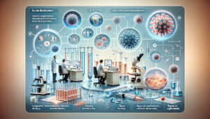 graphic illustration representing the process of vaccine development, designed in a professional and detailed style, suitable for educational or medical presentations.