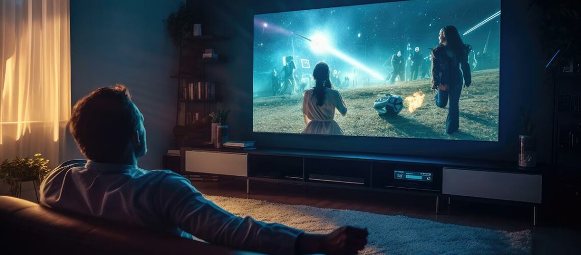 Guy sitting down watching a movie on flatscreen tv