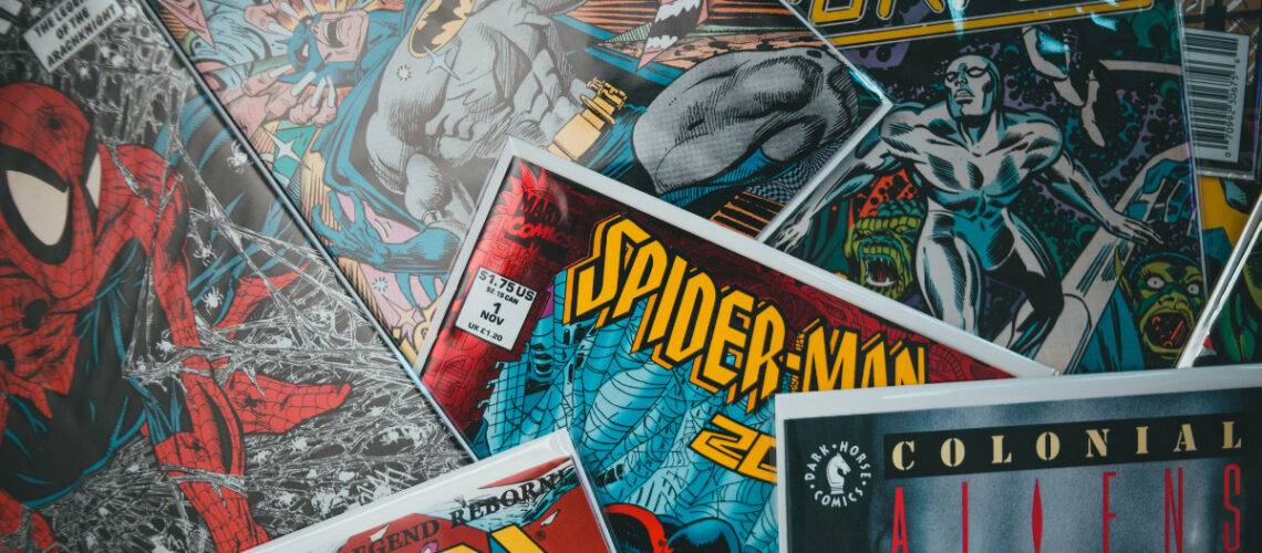 Comic book spread that includes an image of Spider Man.